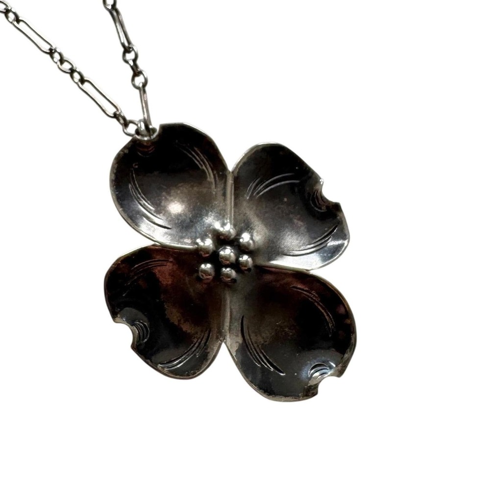 Vintage Sterling Silver Dogwood Flower Pendant Necklace Paperclip Chain 925